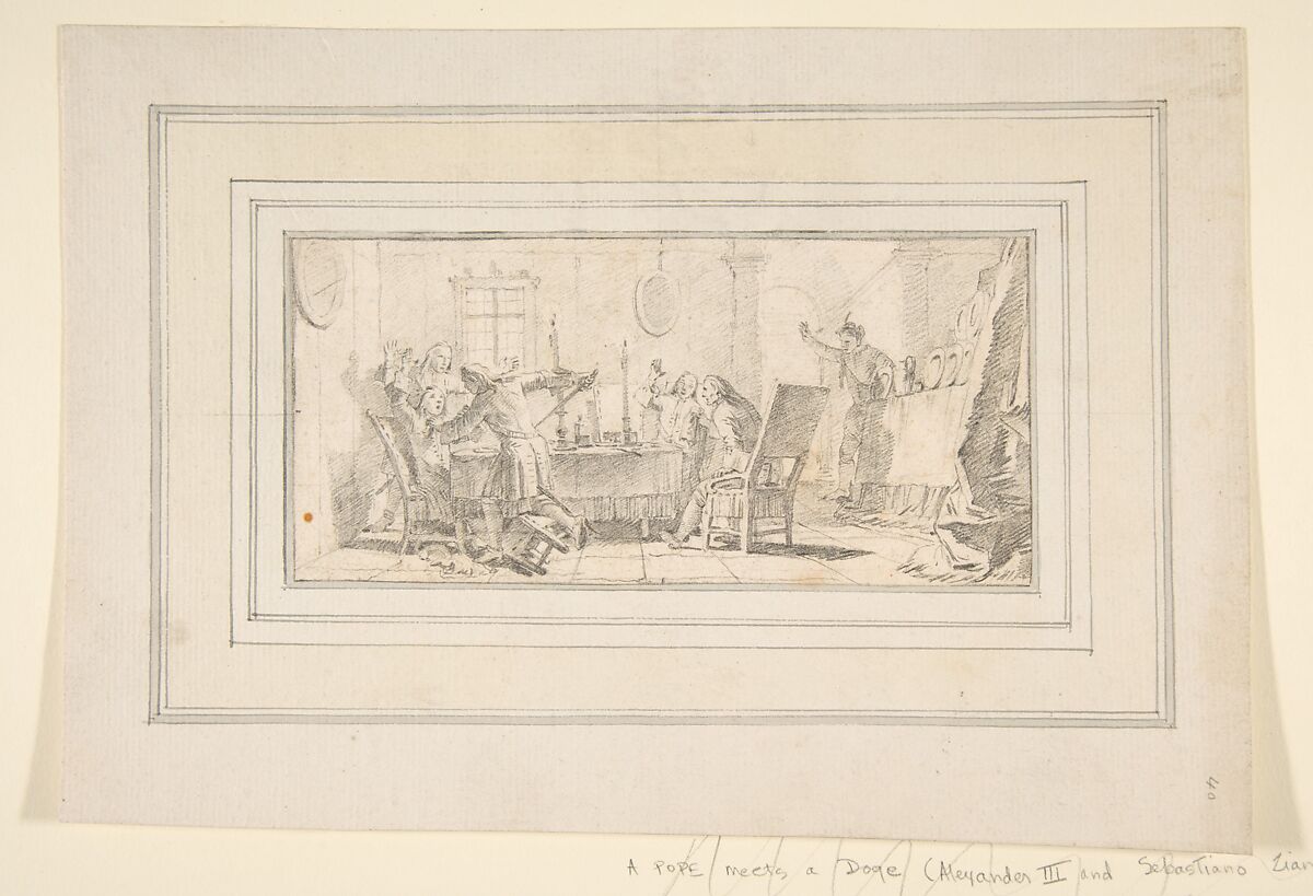 Illustration for a Book:  Scene of a Murder in an Interior, Giovanni Battista Tiepolo (Italian, Venice 1696–1770 Madrid), Black chalk.   Horizontal and vertical centering lines ruled in faint black chalk