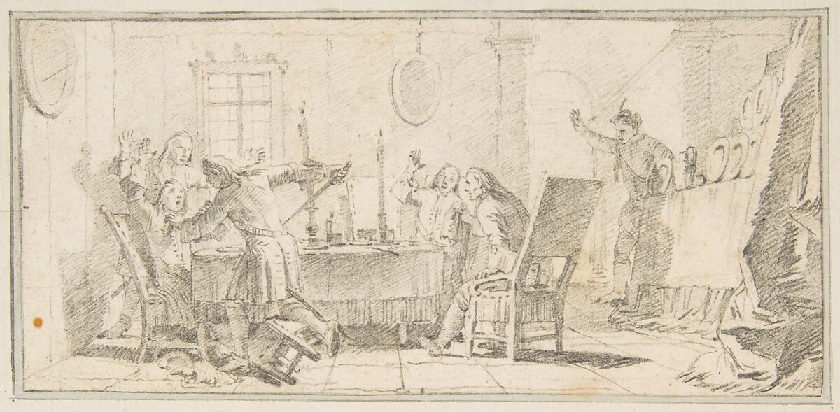 Illustration for a Book:  Scene of a Murder in an Interior, Giovanni Battista Tiepolo (Italian, Venice 1696–1770 Madrid), Black chalk.   Horizontal and vertical centering lines ruled in faint black chalk 