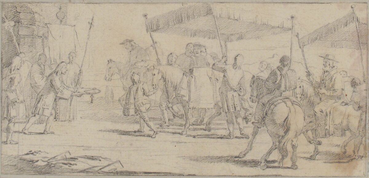 Illustration for a Book:  Keys of a City Offered to a Procession of Cardinals Headed by a Riderless Horse, Giovanni Battista Tiepolo (Italian, Venice 1696–1770 Madrid), Black chalk.   Horizontal and vertical centering lines ruled in faint black chalk
