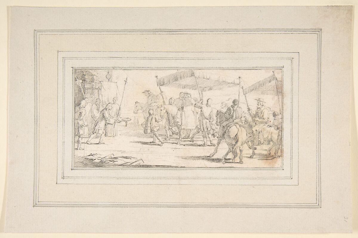 Illustration for a Book:  Keys of a City Offered to a Procession of Cardinals Headed by a Riderless Horse, Giovanni Battista Tiepolo (Italian, Venice 1696–1770 Madrid), Black chalk.   Horizontal and vertical centering lines ruled in faint black chalk