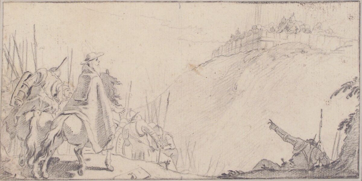 Illustration for a Book:  Cardinal with Troops Facing a Fortification on a Hilltop, Giovanni Battista Tiepolo (Italian, Venice 1696–1770 Madrid), Black chalk.   Horizontal and vertical centering lines ruled in faint black chalk