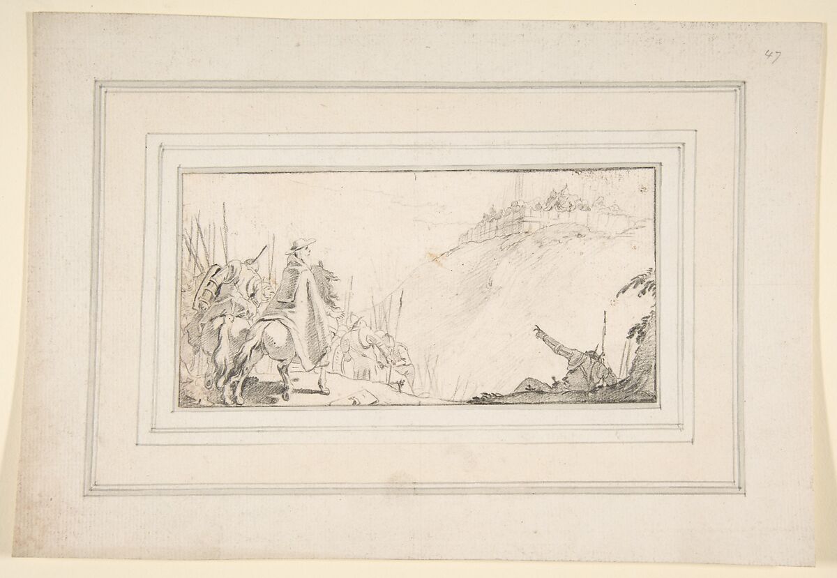 Illustration for a Book:  Cardinal with Troops Facing a Fortification on a Hilltop, Giovanni Battista Tiepolo (Italian, Venice 1696–1770 Madrid), Black chalk.   Horizontal and vertical centering lines ruled in faint black chalk