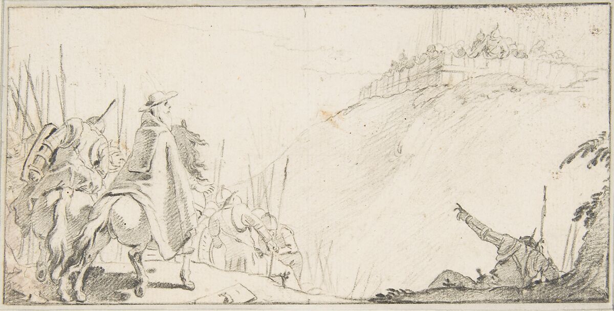 Illustration for a Book:  Cardinal with Troops Facing a Fortification on a Hilltop, Giovanni Battista Tiepolo (Italian, Venice 1696–1770 Madrid), Black chalk.   Horizontal and vertical centering lines ruled in faint black chalk 