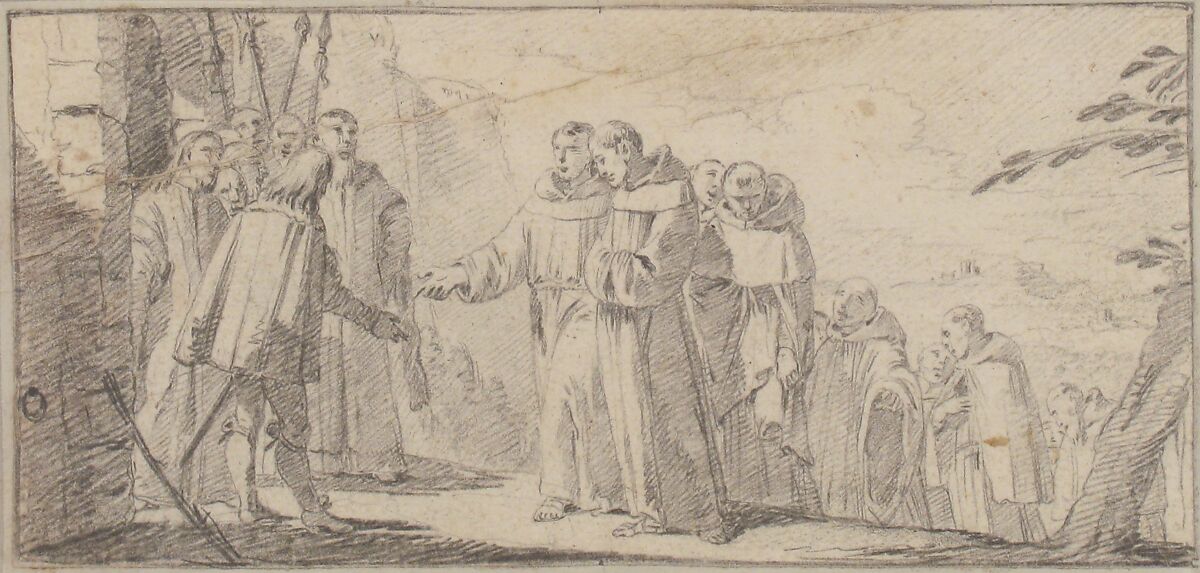 Illustration for a Book:  Reception of Monks at a City Gate, Giovanni Battista Tiepolo (Italian, Venice 1696–1770 Madrid), Black chalk.   Horizontal and vertical centering lines ruled in faint black chalk