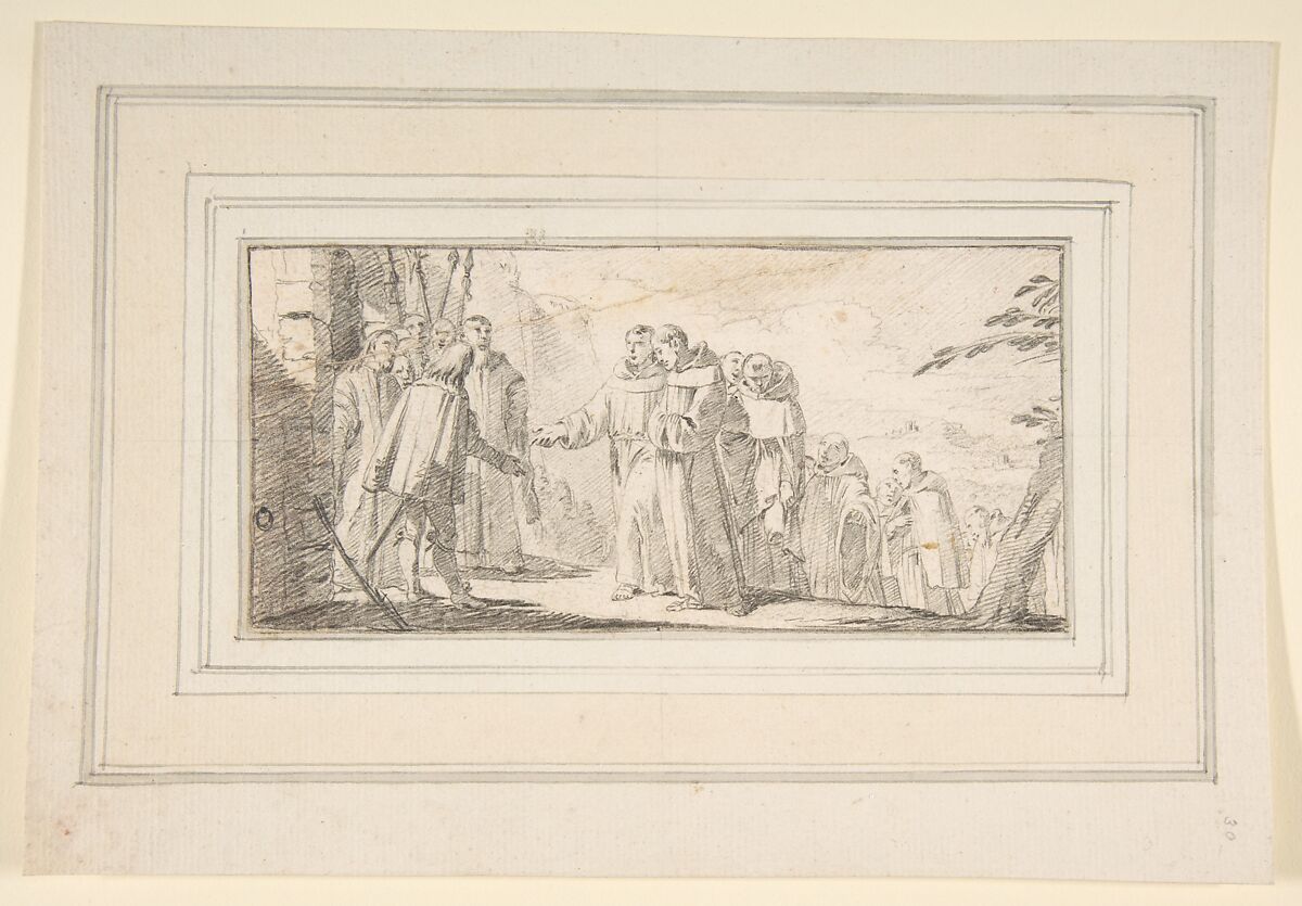 Illustration for a Book:  Reception of Monks at a City Gate, Giovanni Battista Tiepolo (Italian, Venice 1696–1770 Madrid), Black chalk.   Horizontal and vertical centering lines ruled in faint black chalk