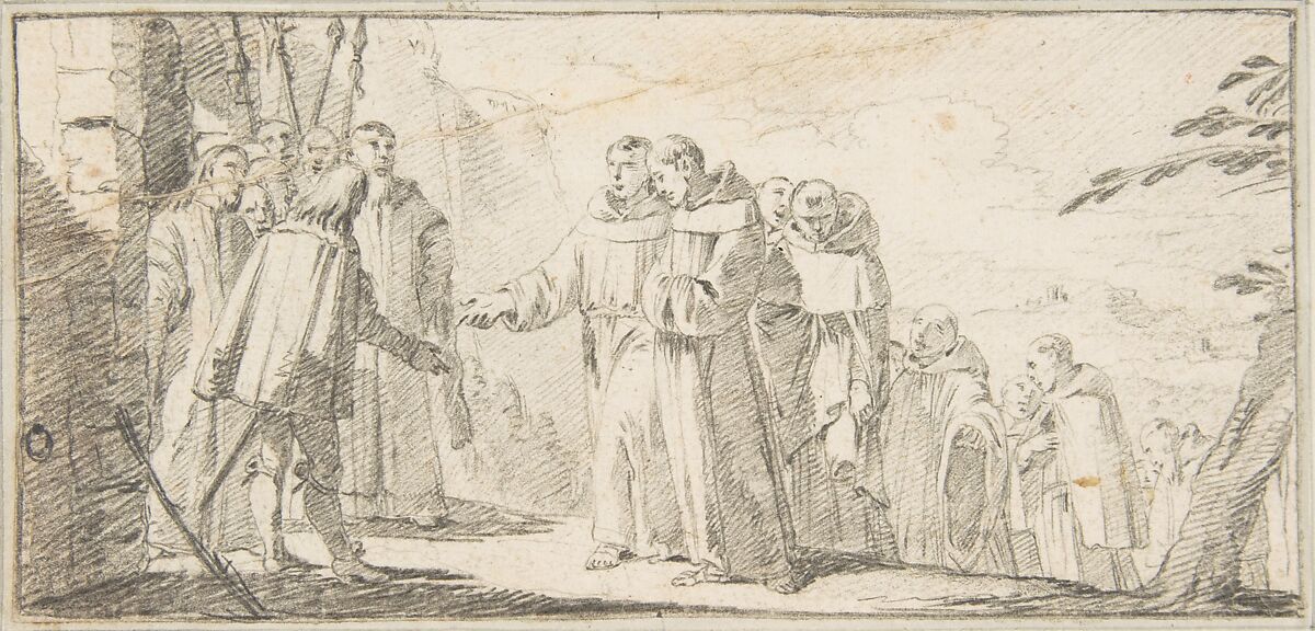Illustration for a Book:  Reception of Monks at a City Gate, Giovanni Battista Tiepolo (Italian, Venice 1696–1770 Madrid), Black chalk.   Horizontal and vertical centering lines ruled in faint black chalk 