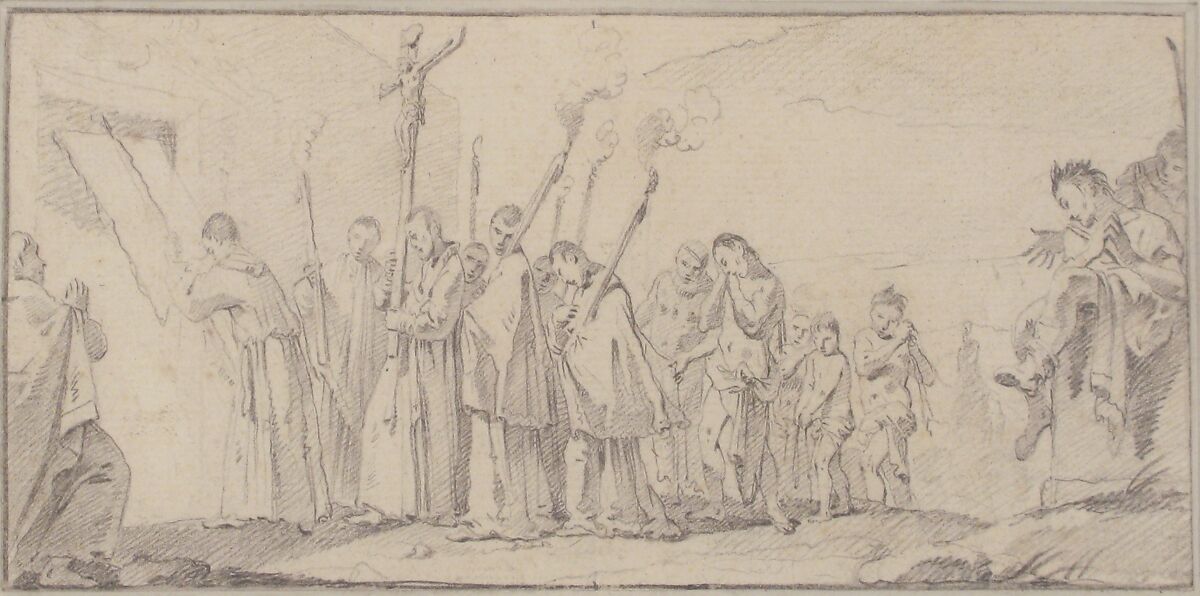 Illustration for a Book:  Procession of Monks and Flagellants, Giovanni Battista Tiepolo (Italian, Venice 1696–1770 Madrid), Black chalk.   Horizontal and vertical centering lines ruled in faint black chalk