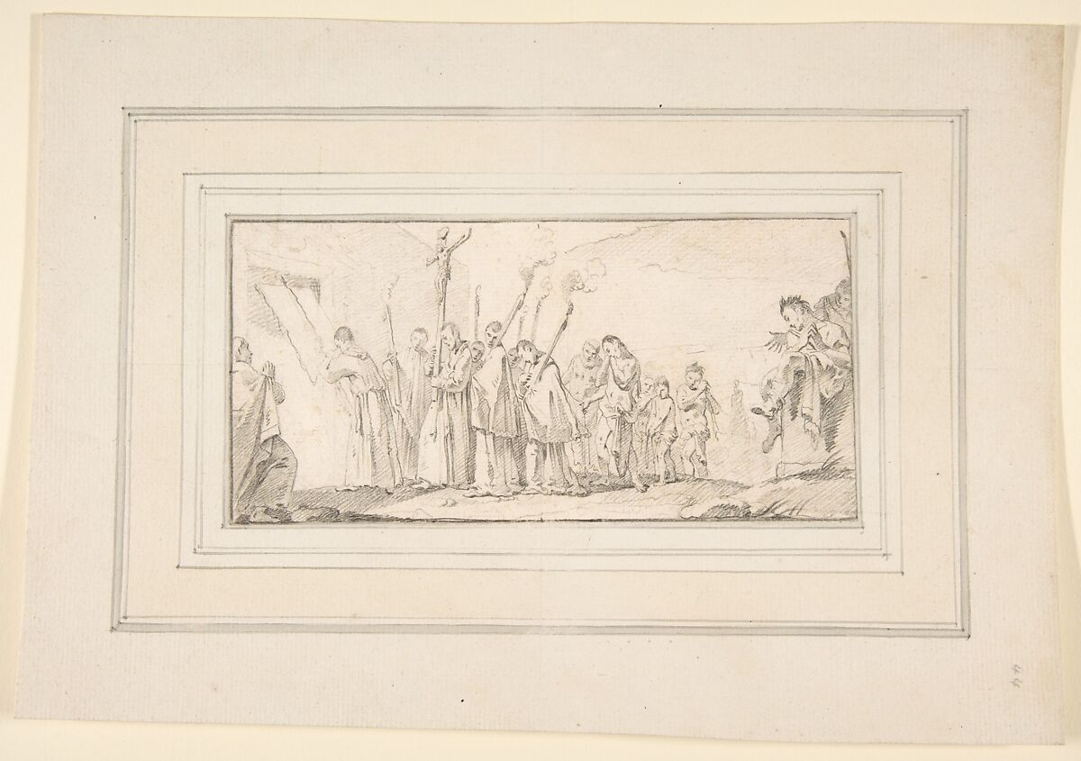 Illustration for a Book:  Procession of Monks and Flagellants, Giovanni Battista Tiepolo (Italian, Venice 1696–1770 Madrid), Black chalk.   Horizontal and vertical centering lines ruled in faint black chalk