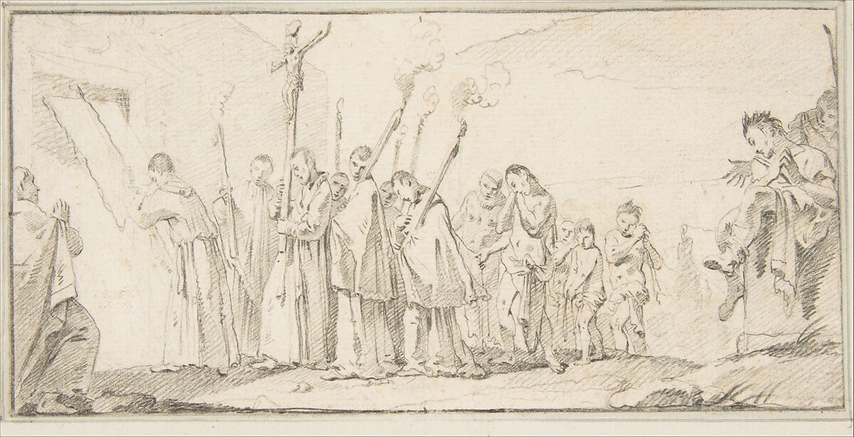 Illustration for a Book:  Procession of Monks and Flagellants, Giovanni Battista Tiepolo (Italian, Venice 1696–1770 Madrid), Black chalk.   Horizontal and vertical centering lines ruled in faint black chalk 