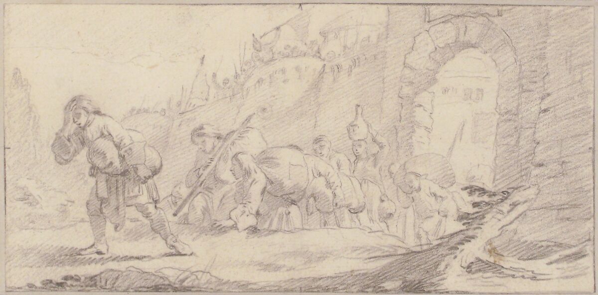 Illustration for a Book:  Inhabitants Leaving a Conquered City, Giovanni Battista Tiepolo (Italian, Venice 1696–1770 Madrid), Black chalk.   Horizontal and vertical centering lines ruled in faint black chalk
