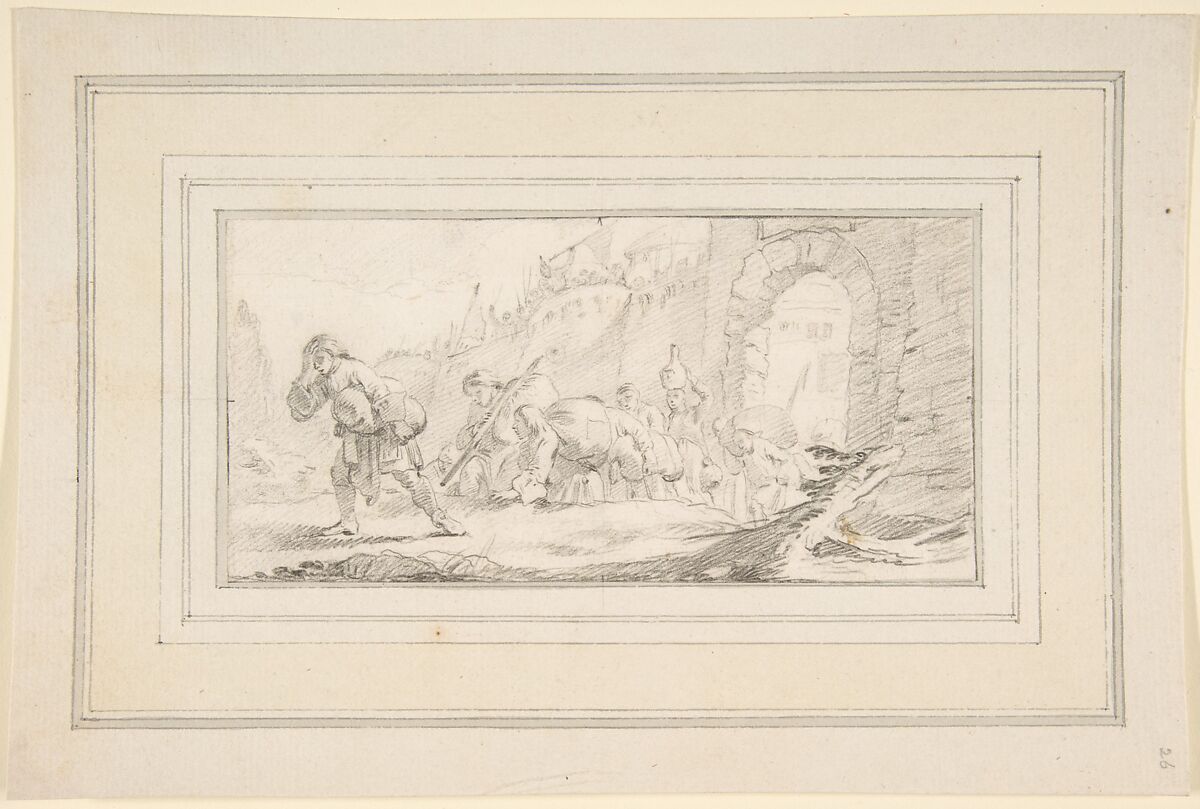 Illustration for a Book:  Inhabitants Leaving a Conquered City, Giovanni Battista Tiepolo (Italian, Venice 1696–1770 Madrid), Black chalk.   Horizontal and vertical centering lines ruled in faint black chalk