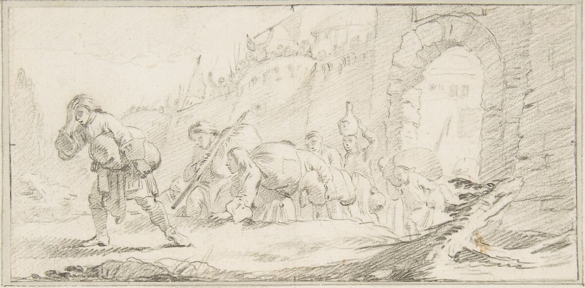 Illustration for a Book:  Inhabitants Leaving a Conquered City, Giovanni Battista Tiepolo (Italian, Venice 1696–1770 Madrid), Black chalk.   Horizontal and vertical centering lines ruled in faint black chalk 