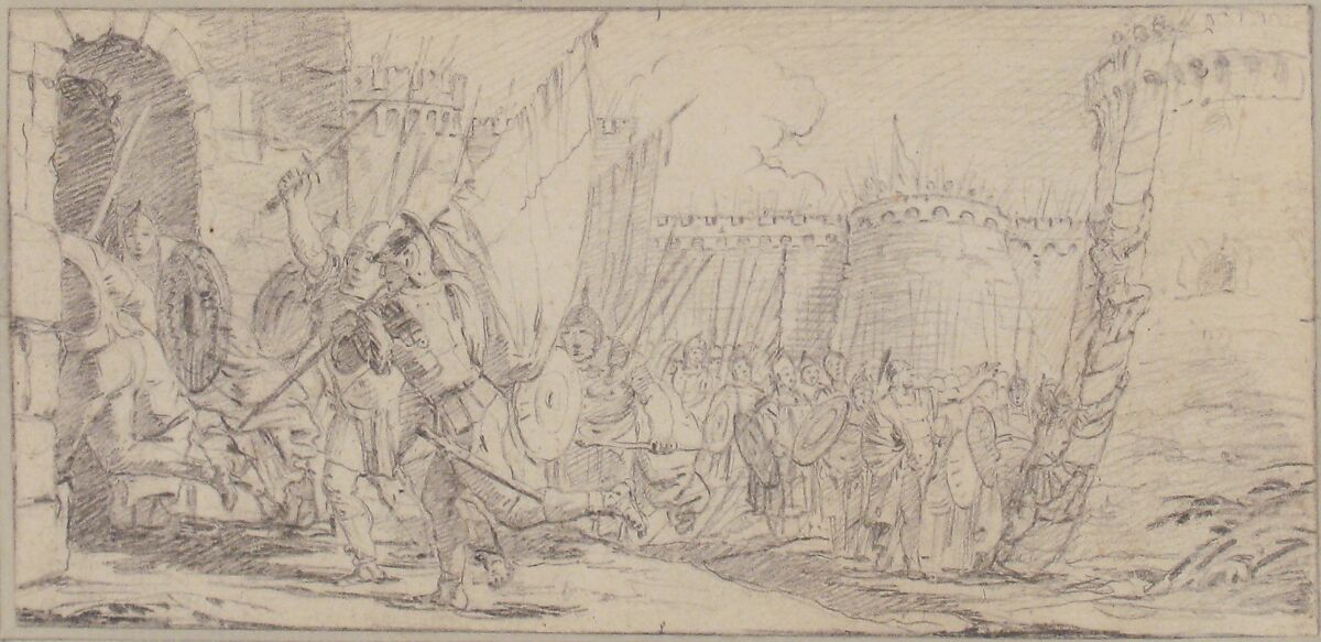 Illustration for a Book:  Soldiers Storming a City, Giovanni Battista Tiepolo (Italian, Venice 1696–1770 Madrid), Black chalk.   Horizontal and vertical centering lines ruled in faint black chalk