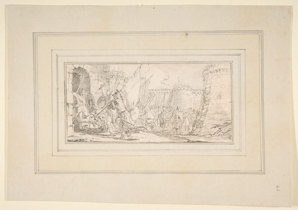 Illustration for a Book:  Soldiers Storming a City, Giovanni Battista Tiepolo (Italian, Venice 1696–1770 Madrid), Black chalk.   Horizontal and vertical centering lines ruled in faint black chalk
