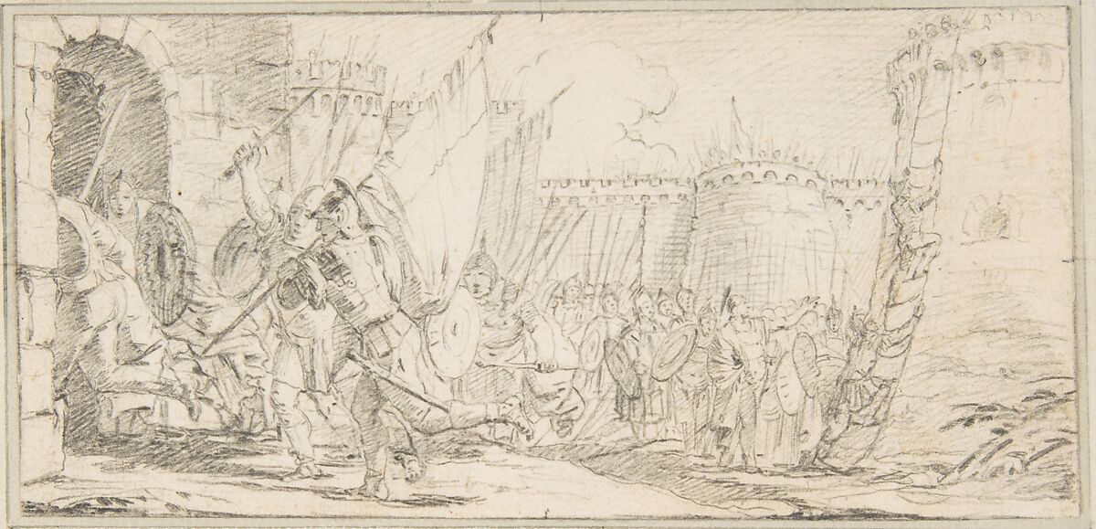 Illustration for a Book:  Soldiers Storming a City, Giovanni Battista Tiepolo (Italian, Venice 1696–1770 Madrid), Black chalk.   Horizontal and vertical centering lines ruled in faint black chalk 