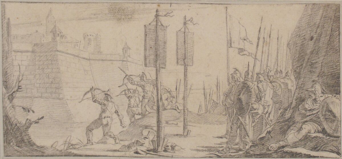 Illustration for a Book:  Siege of a City, Giovanni Battista Tiepolo (Italian, Venice 1696–1770 Madrid), Black chalk.   Horizontal and vertical centering lines ruled in faint black chalk