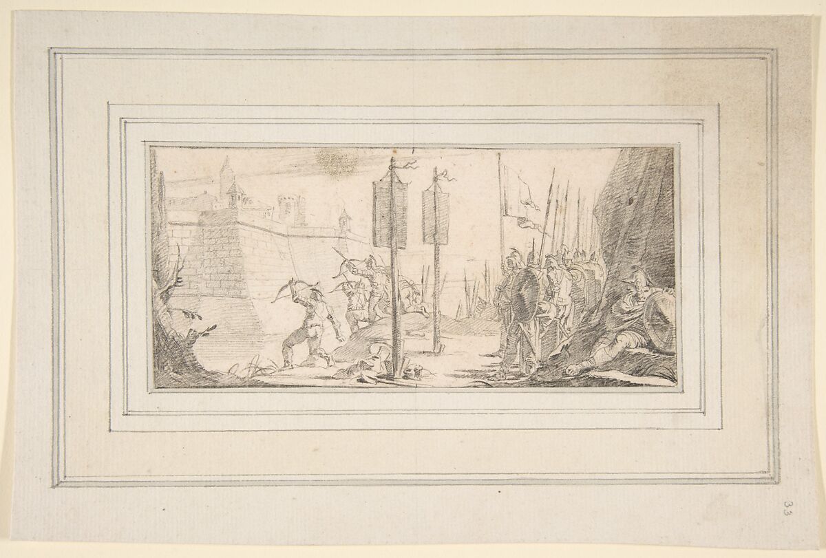 Illustration for a Book:  Siege of a City, Giovanni Battista Tiepolo (Italian, Venice 1696–1770 Madrid), Black chalk.   Horizontal and vertical centering lines ruled in faint black chalk