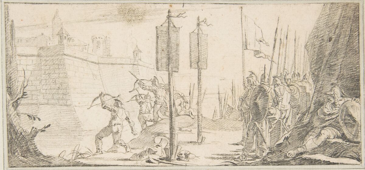 Illustration for a Book:  Siege of a City, Giovanni Battista Tiepolo (Italian, Venice 1696–1770 Madrid), Black chalk.   Horizontal and vertical centering lines ruled in faint black chalk 