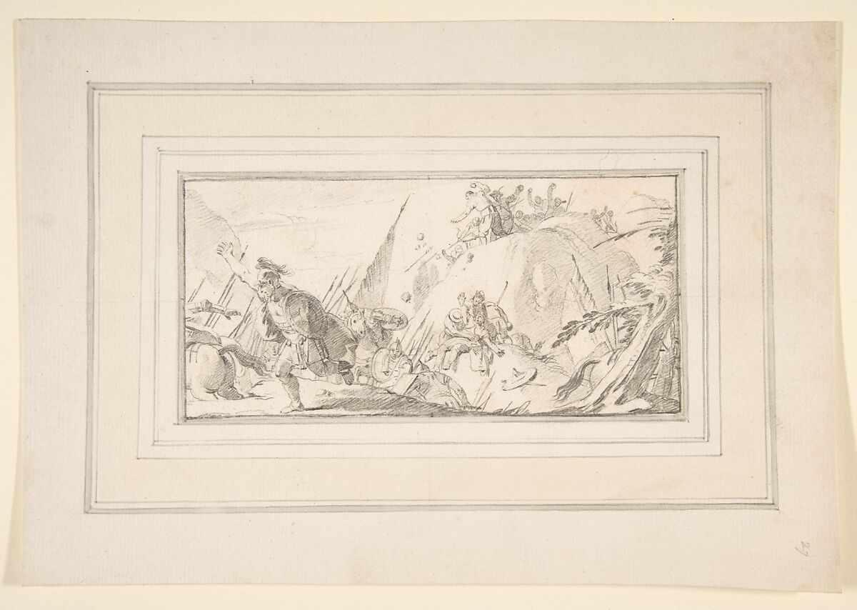 Illustration for a Book:  Scene of Combat, Giovanni Battista Tiepolo (Italian, Venice 1696–1770 Madrid), Black chalk.   Horizontal and vertical centering lines ruled in faint black chalk