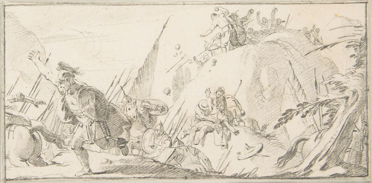 Illustration for a Book:  Scene of Combat, Giovanni Battista Tiepolo (Italian, Venice 1696–1770 Madrid), Black chalk.   Horizontal and vertical centering lines ruled in faint black chalk 