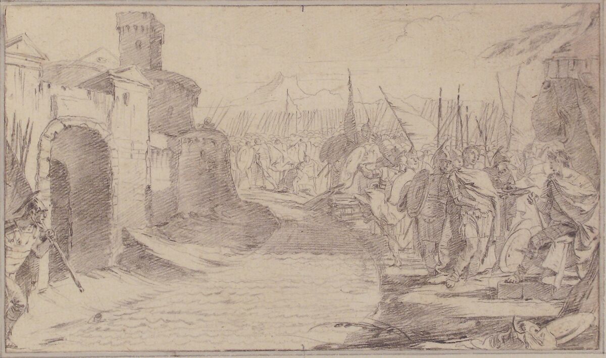 Illustration for a Book:  Meeting Between Two Generals (?) before a Fortified Town, Giovanni Battista Tiepolo (Italian, Venice 1696–1770 Madrid), Black chalk.   Horizontal and vertical centering lines ruled in faint black chalk