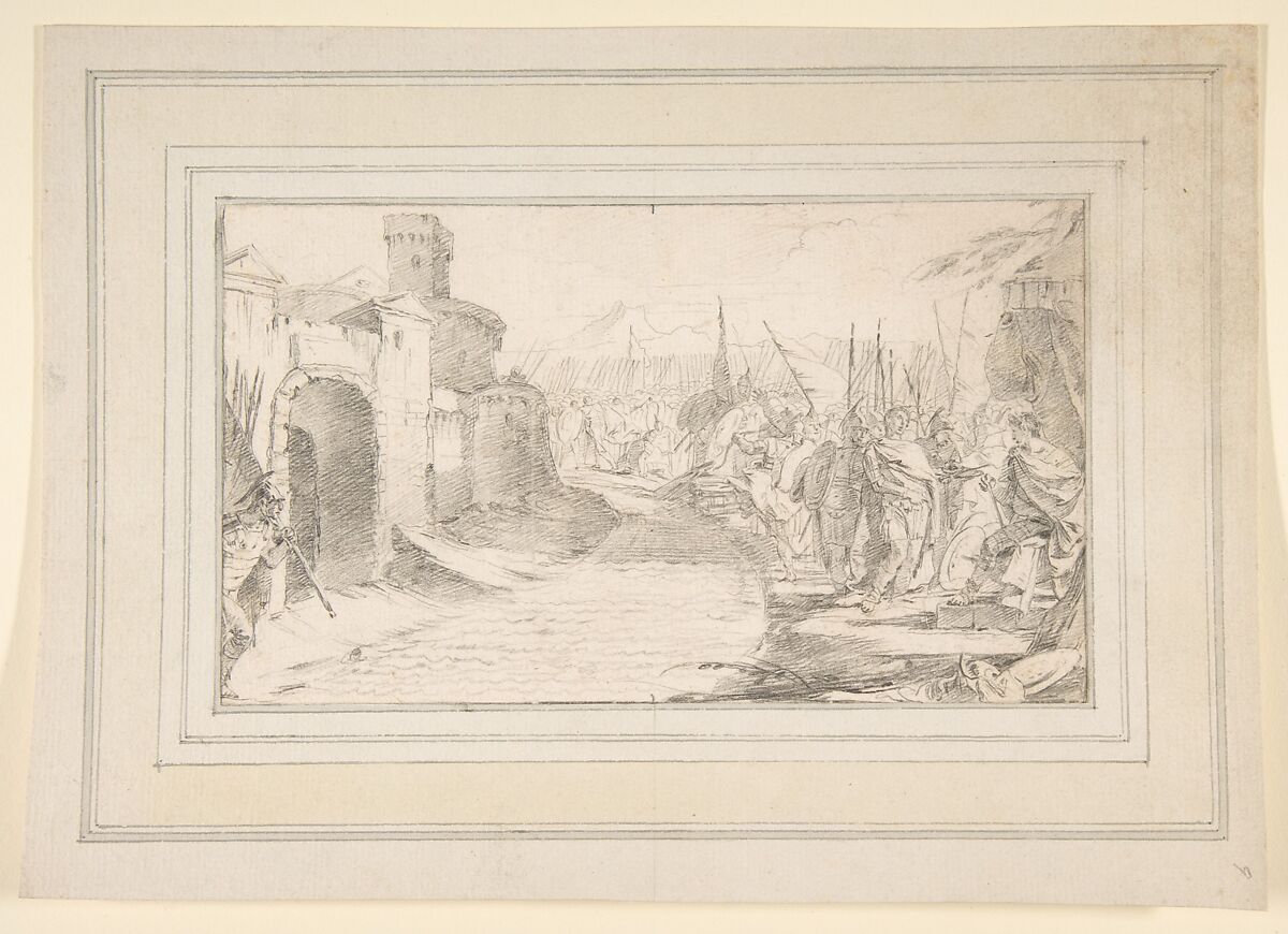Illustration for a Book:  Meeting Between Two Generals (?) before a Fortified Town, Giovanni Battista Tiepolo (Italian, Venice 1696–1770 Madrid), Black chalk.   Horizontal and vertical centering lines ruled in faint black chalk