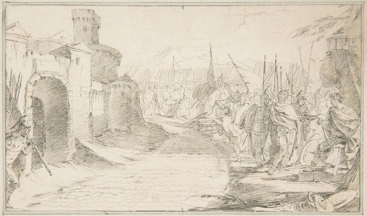 Illustration for a Book:  Meeting Between Two Generals (?) before a Fortified Town, Giovanni Battista Tiepolo (Italian, Venice 1696–1770 Madrid), Black chalk.   Horizontal and vertical centering lines ruled in faint black chalk 