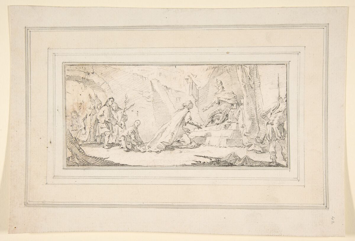 Illustration for a Book:  Supplicants Imploring an Emperor for Peace, Giovanni Battista Tiepolo (Italian, Venice 1696–1770 Madrid), Black chalk.   Horizontal and vertical centering lines ruled in faint black chalk