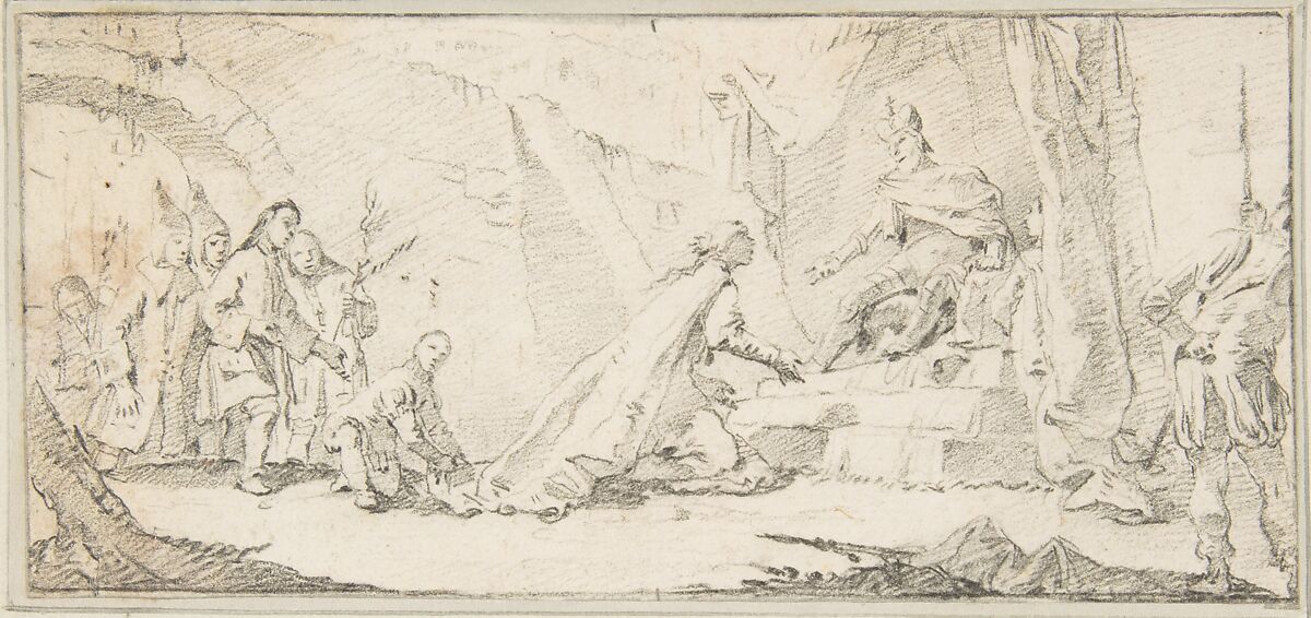 Illustration for a Book:  Supplicants Imploring an Emperor for Peace, Giovanni Battista Tiepolo (Italian, Venice 1696–1770 Madrid), Black chalk.   Horizontal and vertical centering lines ruled in faint black chalk 