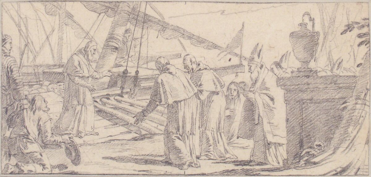 Illustration for a Book:  Bishops and Monks Being Received at a Ship by a Venerable Dignitary, Giovanni Battista Tiepolo (Italian, Venice 1696–1770 Madrid), Black chalk.   Horizontal and vertical centering lines ruled in faint black chalk