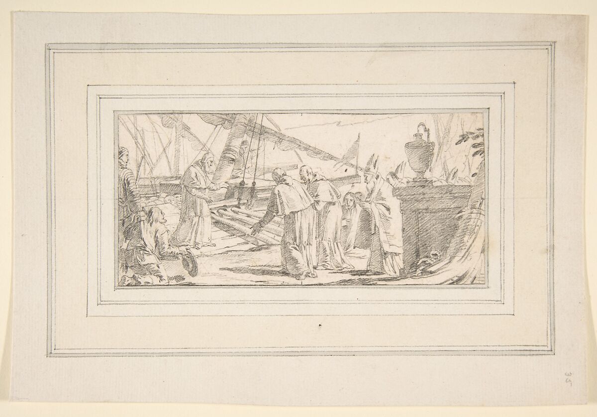 Illustration for a Book:  Bishops and Monks Being Received at a Ship by a Venerable Dignitary, Giovanni Battista Tiepolo (Italian, Venice 1696–1770 Madrid), Black chalk.   Horizontal and vertical centering lines ruled in faint black chalk