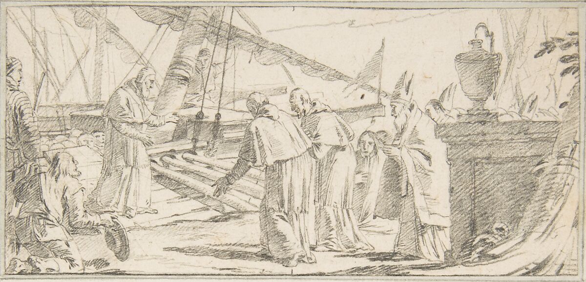 Illustration for a Book:  Bishops and Monks Being Received at a Ship by a Venerable Dignitary, Giovanni Battista Tiepolo (Italian, Venice 1696–1770 Madrid), Black chalk.   Horizontal and vertical centering lines ruled in faint black chalk 