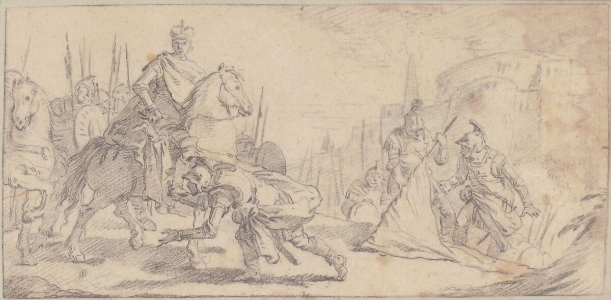 Illustration for a Book:  Soldiers Surrendering to an Emperor, with a City in the Background, Giovanni Battista Tiepolo (Italian, Venice 1696–1770 Madrid), Black chalk.   Horizontal and vertical centering lines ruled in faint black chalk