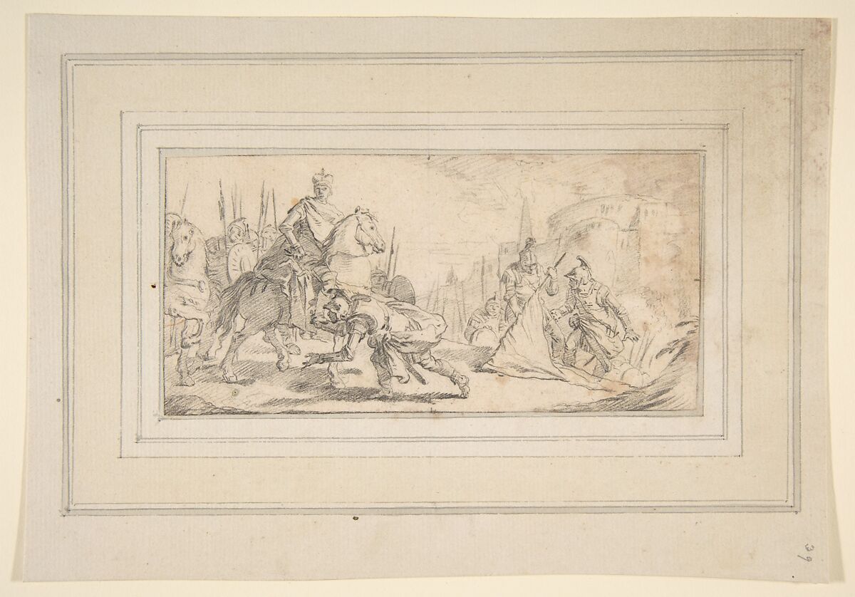 Illustration for a Book:  Soldiers Surrendering to an Emperor, with a City in the Background, Giovanni Battista Tiepolo (Italian, Venice 1696–1770 Madrid), Black chalk.   Horizontal and vertical centering lines ruled in faint black chalk