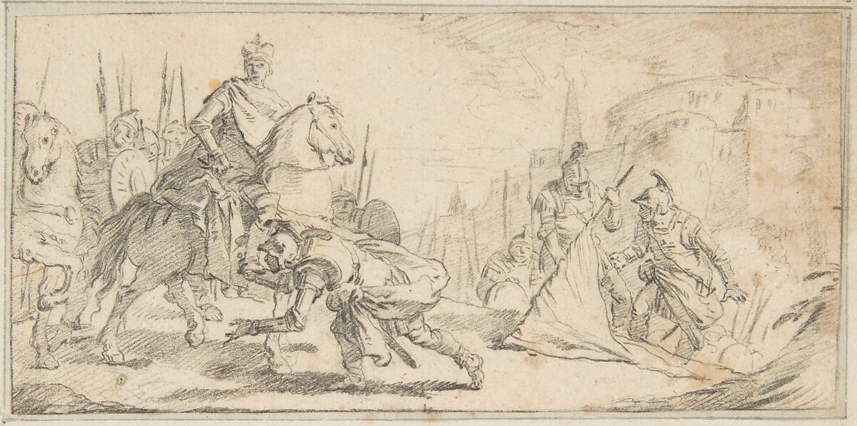 Illustration for a Book:  Soldiers Surrendering to an Emperor, with a City in the Background, Giovanni Battista Tiepolo (Italian, Venice 1696–1770 Madrid), Black chalk.   Horizontal and vertical centering lines ruled in faint black chalk 