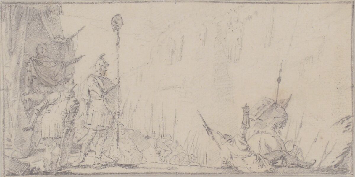 Illustration for a Book:  Soldier in front of "General" Holding up a Decapitated Head on a Staff, Giovanni Battista Tiepolo (Italian, Venice 1696–1770 Madrid), Black chalk.   Horizontal and vertical centering lines ruled in faint black chalk
