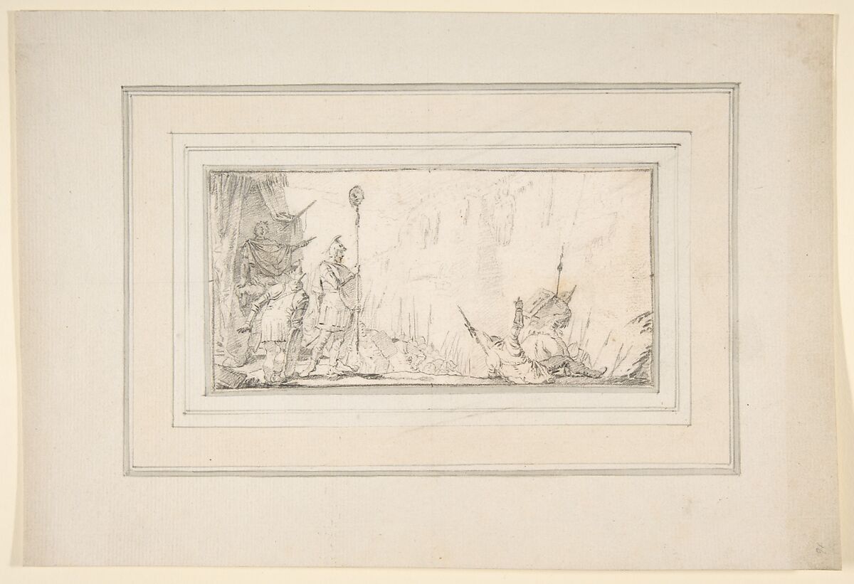 Illustration for a Book:  Soldier in front of "General" Holding up a Decapitated Head on a Staff, Giovanni Battista Tiepolo (Italian, Venice 1696–1770 Madrid), Black chalk.   Horizontal and vertical centering lines ruled in faint black chalk