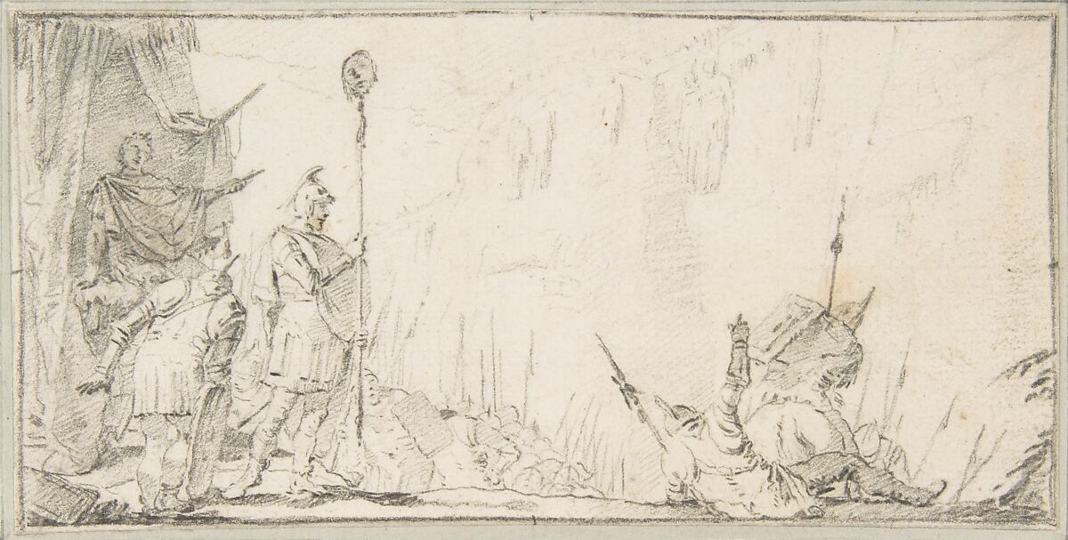 Illustration for a Book:  Soldier in front of "General" Holding up a Decapitated Head on a Staff, Giovanni Battista Tiepolo (Italian, Venice 1696–1770 Madrid), Black chalk.   Horizontal and vertical centering lines ruled in faint black chalk 