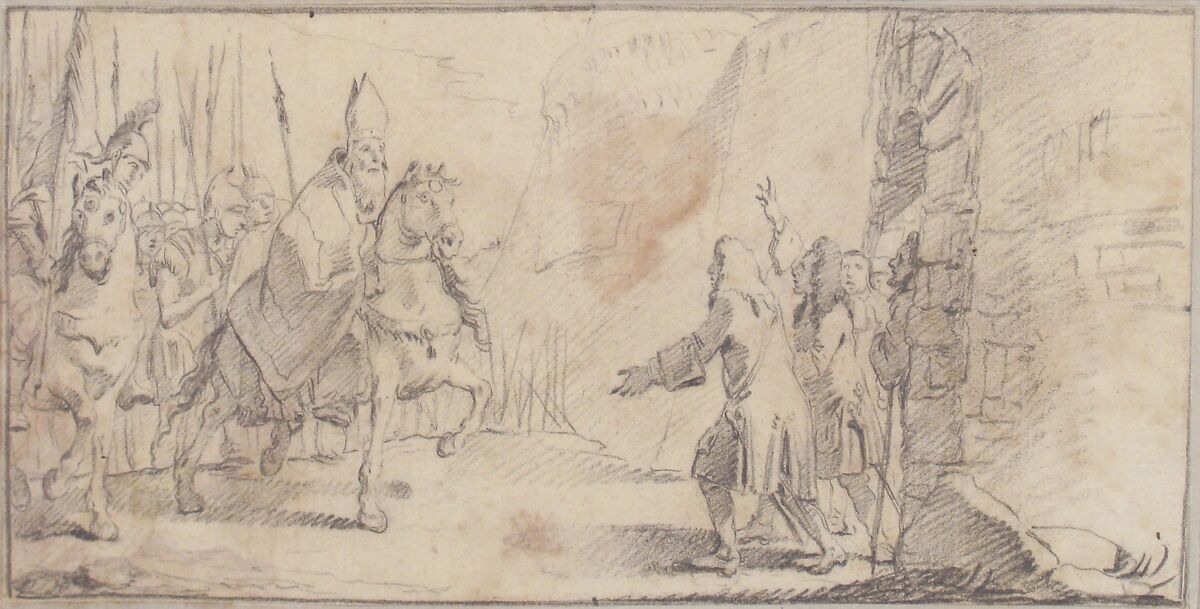 Illustration for a Book:  Reception of a Bishop Leading an Army at a City Gate, Giovanni Battista Tiepolo (Italian, Venice 1696–1770 Madrid), Black chalk.   Horizontal and vertical centering lines ruled in faint black chalk
