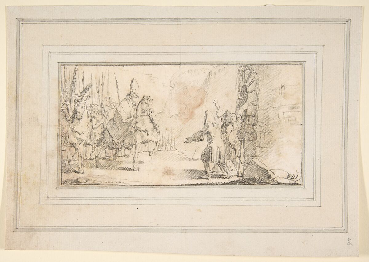 Illustration for a Book:  Reception of a Bishop Leading an Army at a City Gate, Giovanni Battista Tiepolo (Italian, Venice 1696–1770 Madrid), Black chalk.   Horizontal and vertical centering lines ruled in faint black chalk