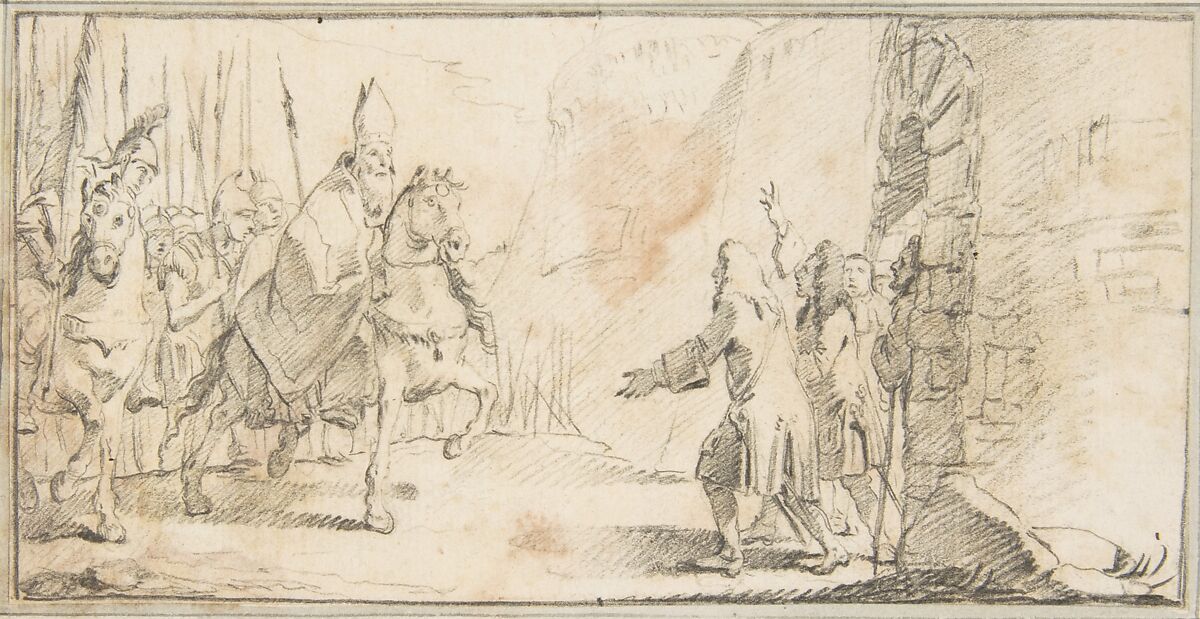 Illustration for a Book:  Reception of a Bishop Leading an Army at a City Gate, Giovanni Battista Tiepolo (Italian, Venice 1696–1770 Madrid), Black chalk.   Horizontal and vertical centering lines ruled in faint black chalk 
