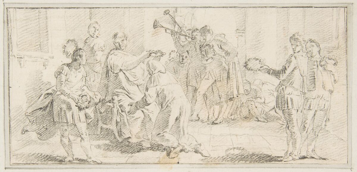 Illustration for a Book:  Allegorical Scene of Coronation, Giovanni Battista Tiepolo (Italian, Venice 1696–1770 Madrid), Black chalk.   Horizontal and vertical centering lines ruled in faint black chalk 