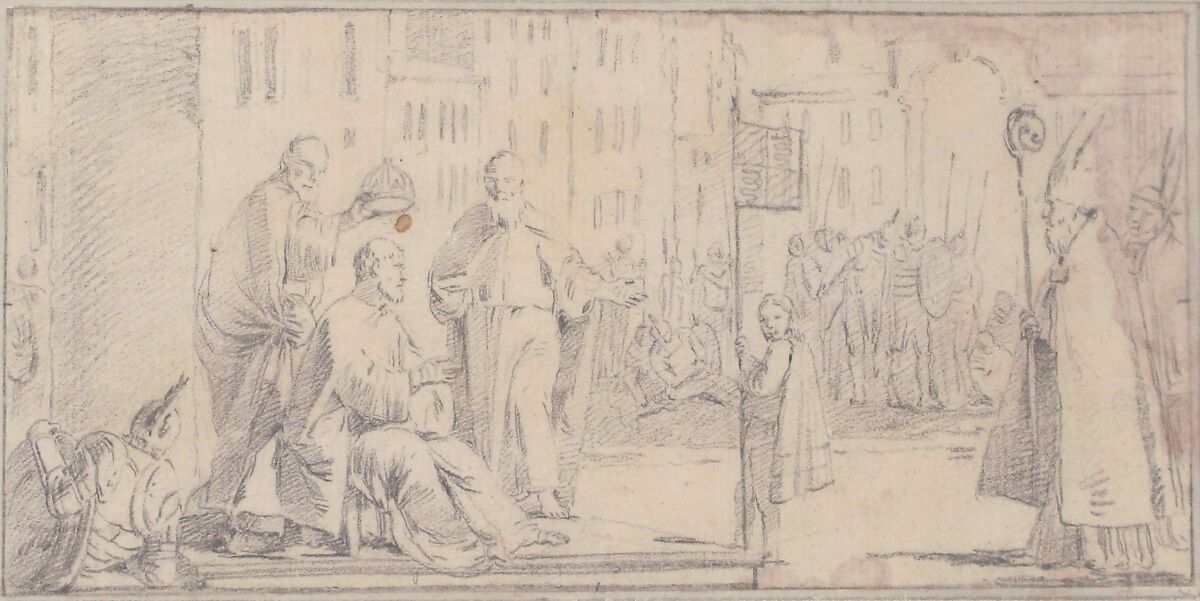 Illustration for a Book:  Coronation of an Emperor (?), Giovanni Battista Tiepolo (Italian, Venice 1696–1770 Madrid), Black chalk.   Horizontal and vertical centering lines ruled in faint black chalk