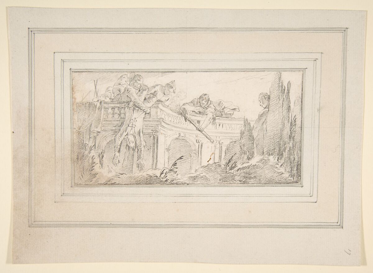 Illustration for a Book: Scene of Men Disposing of Corpse in a Garden, Giovanni Battista Tiepolo (Italian, Venice 1696–1770 Madrid), Black chalk.   Horizontal and vertical centering lines ruled in faint black chalk