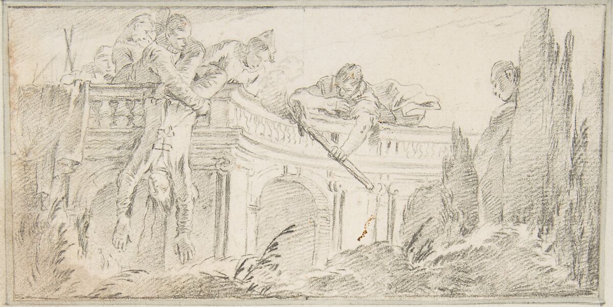 Illustration for a Book: Scene of Men Disposing of Corpse in a Garden, Giovanni Battista Tiepolo (Italian, Venice 1696–1770 Madrid), Black chalk.   Horizontal and vertical centering lines ruled in faint black chalk 