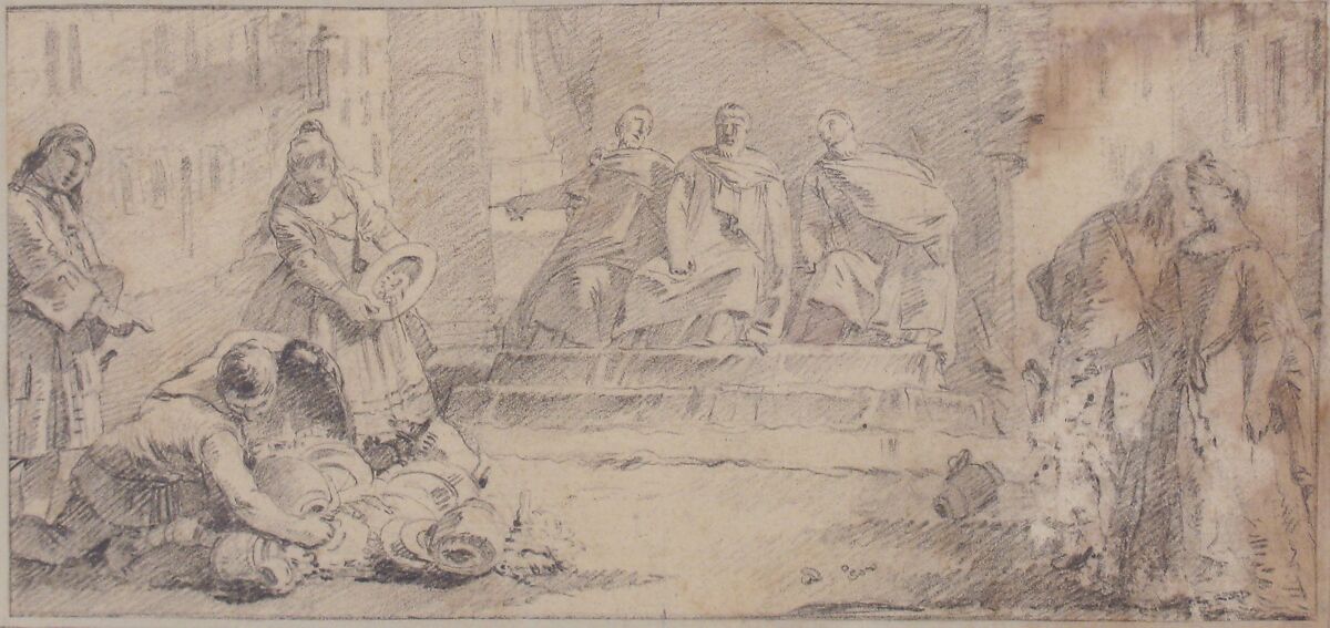 Illustration for a Book:  Booty Presented to Three Dignitaries, Giovanni Battista Tiepolo (Italian, Venice 1696–1770 Madrid), Graphite or black chalk.   Horizontal and vertical centering lines ruled in faint graphite or black chalk