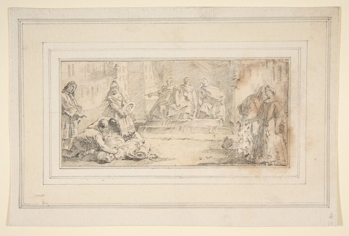Illustration for a Book:  Booty Presented to Three Dignitaries, Giovanni Battista Tiepolo (Italian, Venice 1696–1770 Madrid), Graphite or black chalk.   Horizontal and vertical centering lines ruled in faint graphite or black chalk