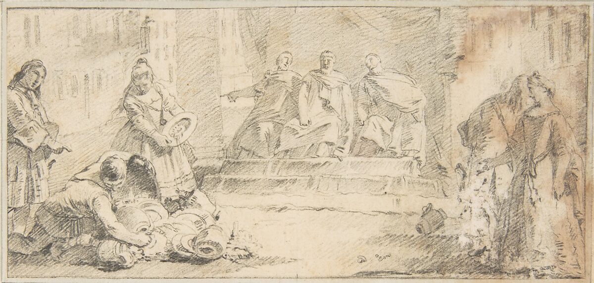 Illustration for a Book:  Booty Presented to Three Dignitaries, Giovanni Battista Tiepolo (Italian, Venice 1696–1770 Madrid), Graphite or black chalk.   Horizontal and vertical centering lines ruled in faint graphite or black chalk 