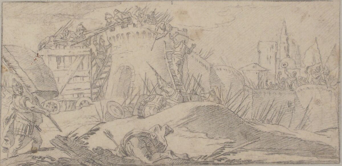 Illustration for a Book:  Attacks on the Walls of a City, Giovanni Battista Tiepolo (Italian, Venice 1696–1770 Madrid), Black chalk.   Horizontal and vertical centering lines ruled in faint black chalk