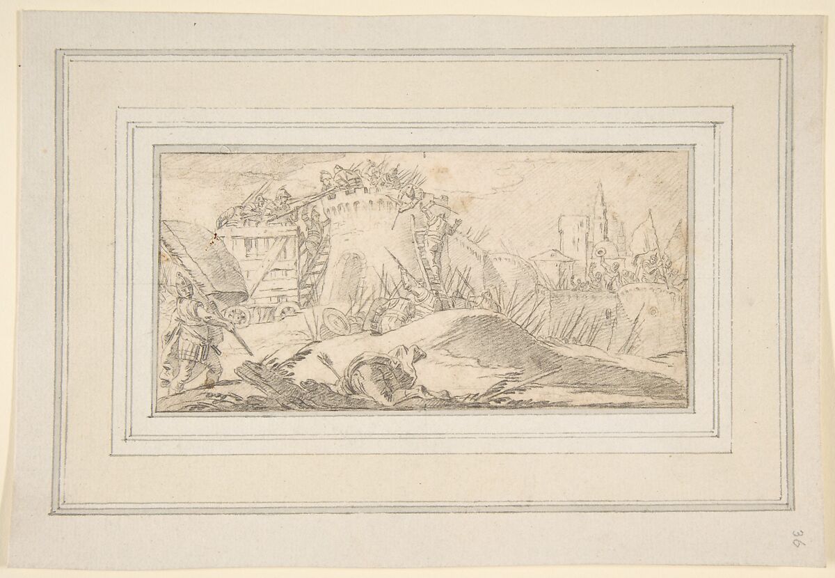 Illustration for a Book:  Attacks on the Walls of a City, Giovanni Battista Tiepolo (Italian, Venice 1696–1770 Madrid), Black chalk.   Horizontal and vertical centering lines ruled in faint black chalk